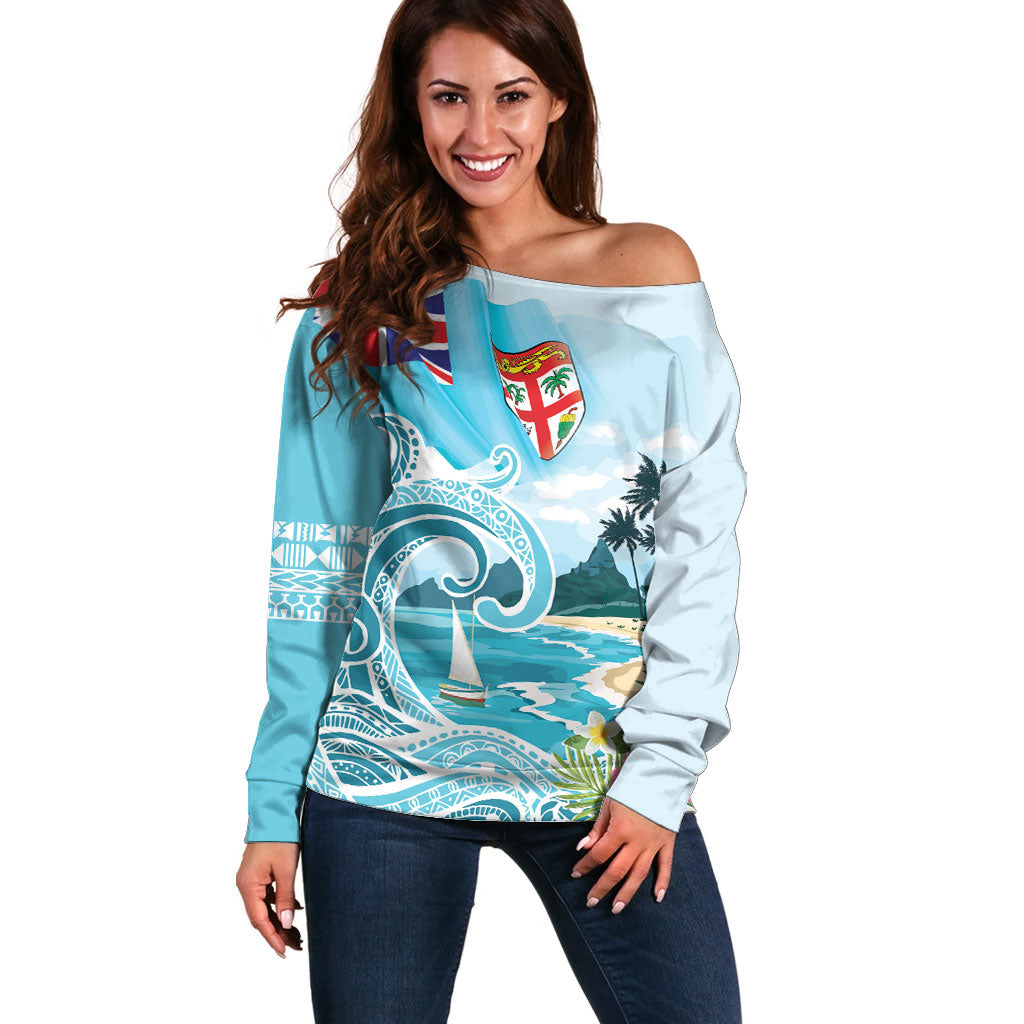 Bula Fiji Seascape Off Shoulder Sweater Fiji Day - Islands Heritage LT7 Women Multicolor - Polynesian Pride