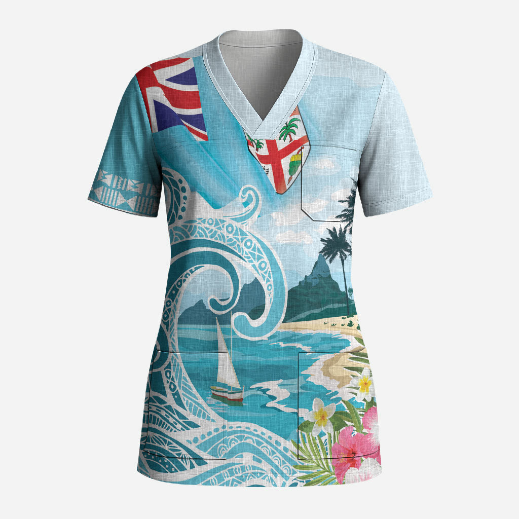 Bula Fiji Seascape Scrub Top Fiji Day - Islands Heritage