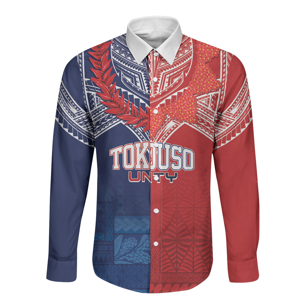 TokoUso Tonga Samoa Brothers Forever Custom Long Sleeve Button Shirt Ulafala and Heilala Unity LT7 Unisex Red Blue - Polynesian Pride