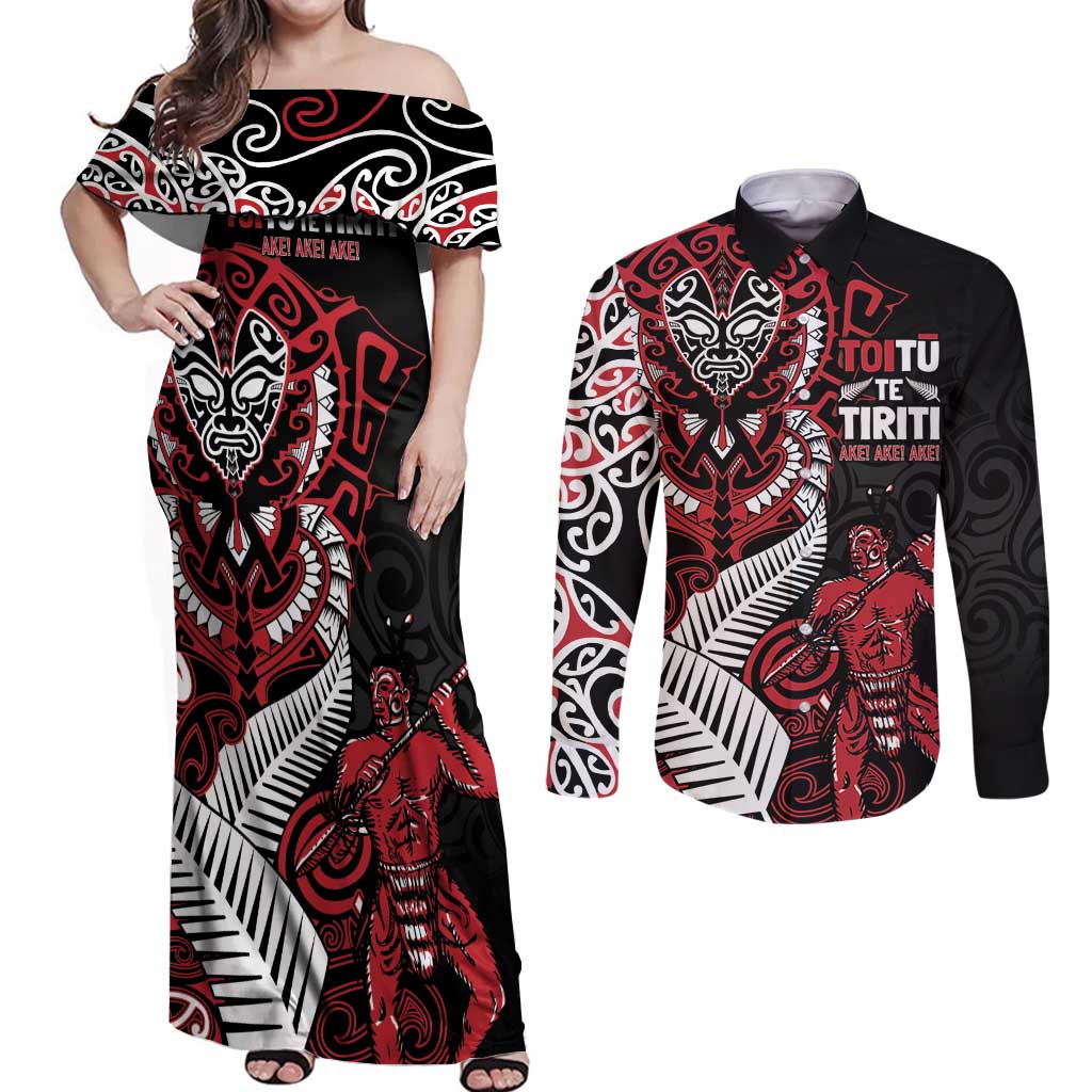 Aotearoa Toitu Te Tiriti Couples Matching Off Shoulder Maxi Dress and Long Sleeve Button Shirt Whakairo Wheku