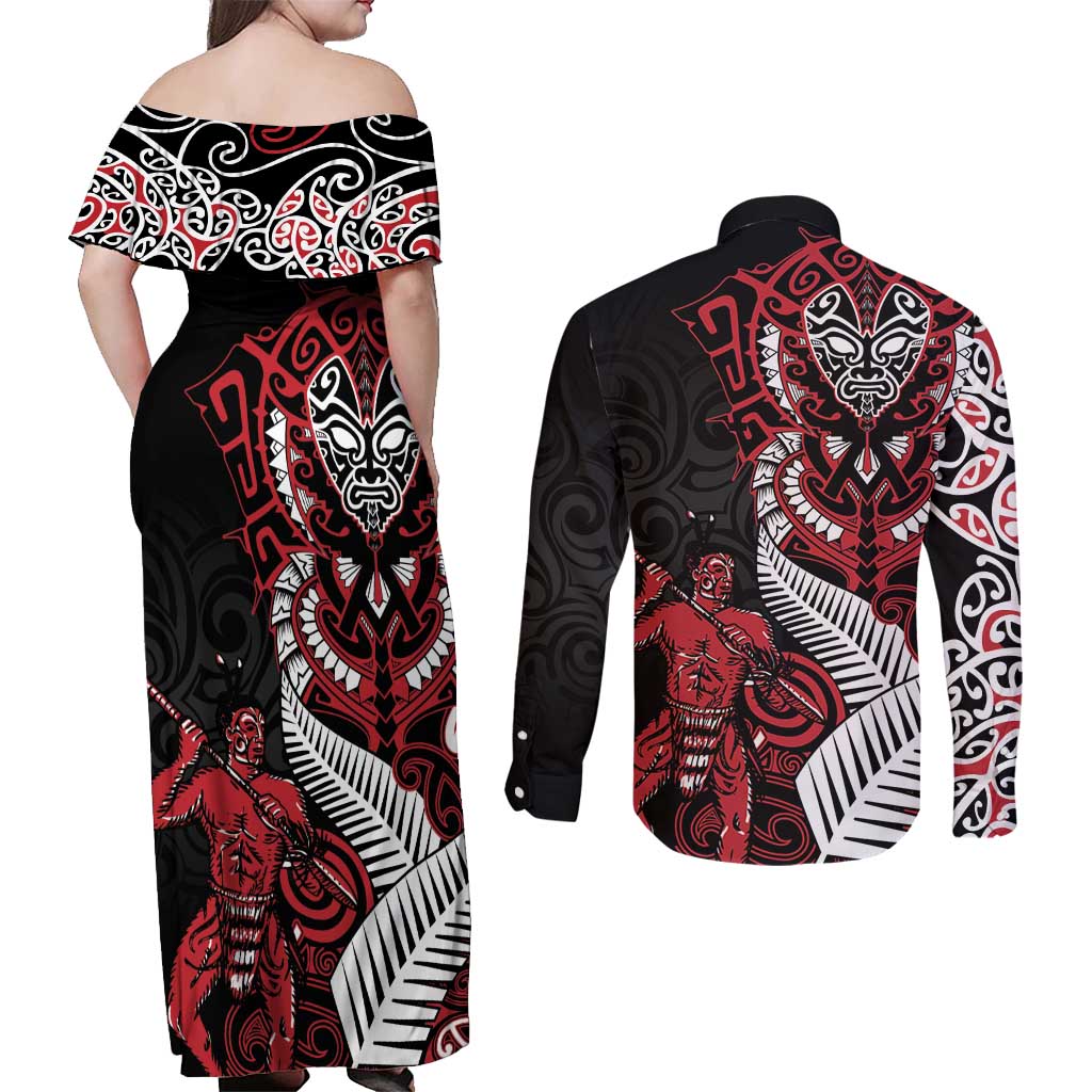 Aotearoa Toitu Te Tiriti Couples Matching Off Shoulder Maxi Dress and Long Sleeve Button Shirt Whakairo Wheku
