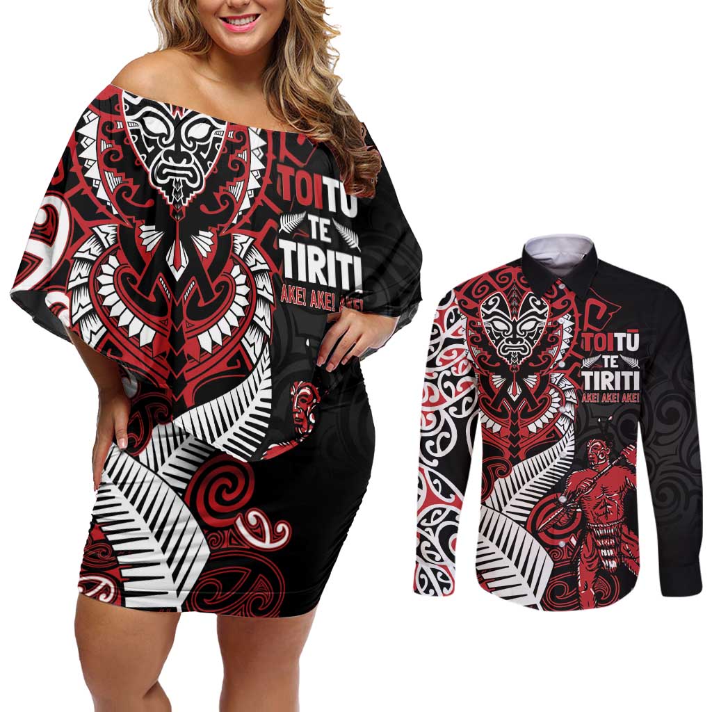 Aotearoa Toitu Te Tiriti Couples Matching Off Shoulder Short Dress and Long Sleeve Button Shirt Whakairo Wheku