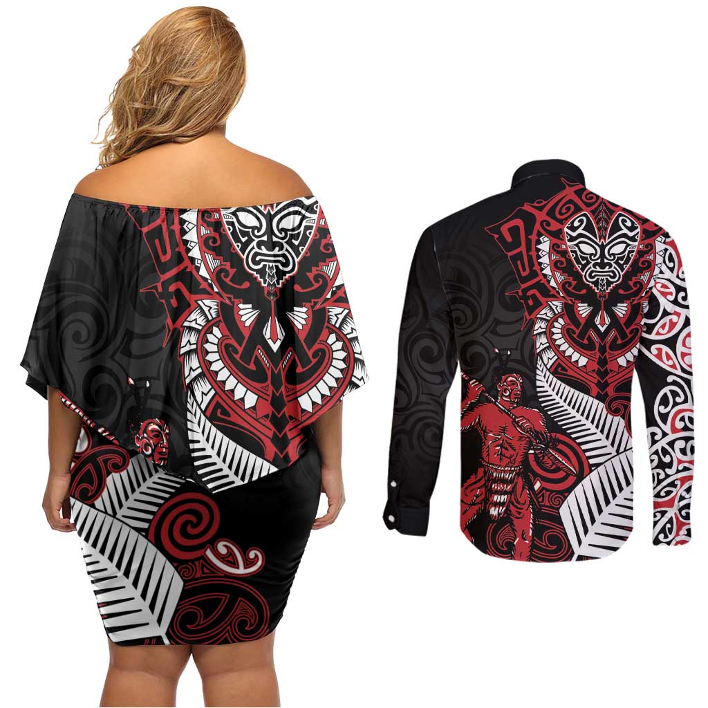 Aotearoa Toitu Te Tiriti Couples Matching Off Shoulder Short Dress and Long Sleeve Button Shirt Whakairo Wheku