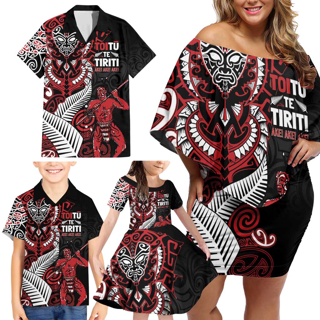 Aotearoa Toitu Te Tiriti Family Matching Off Shoulder Short Dress and Hawaiian Shirt Whakairo Wheku LT7 - Polynesian Pride