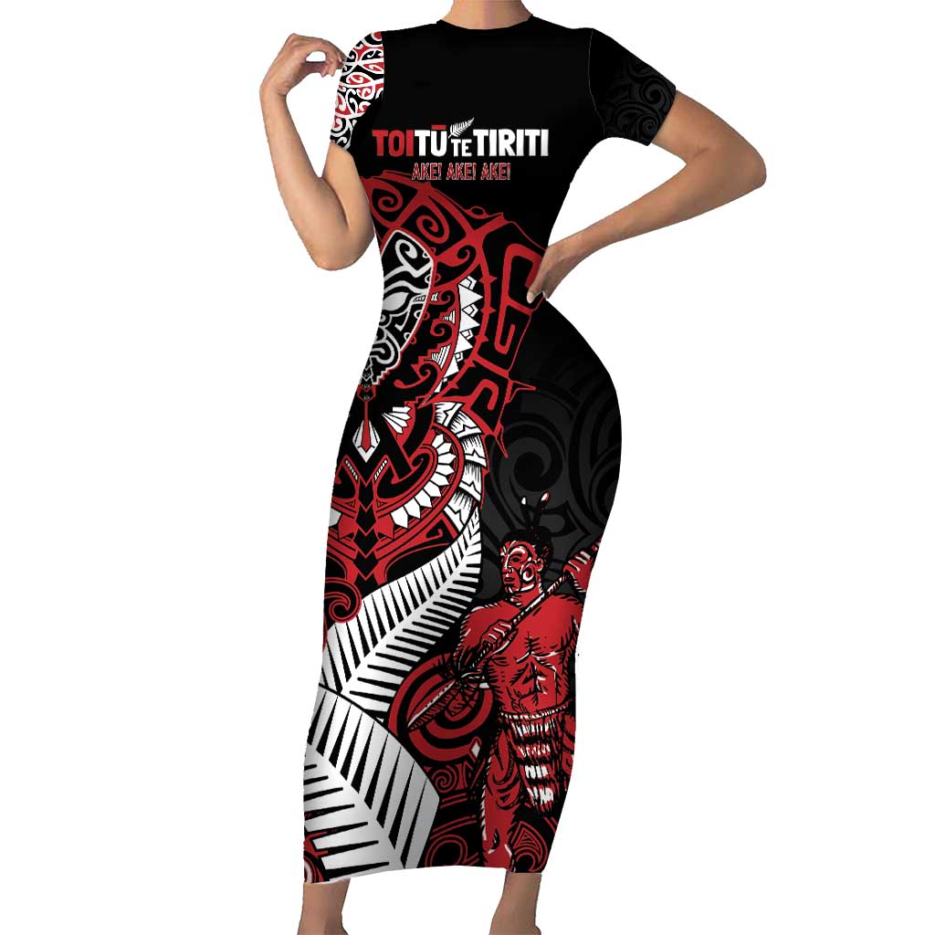 Aotearoa Toitu Te Tiriti Family Matching Short Sleeve Bodycon Dress and Hawaiian Shirt Whakairo Wheku LT7 Mom's Dress Black - Polynesian Pride