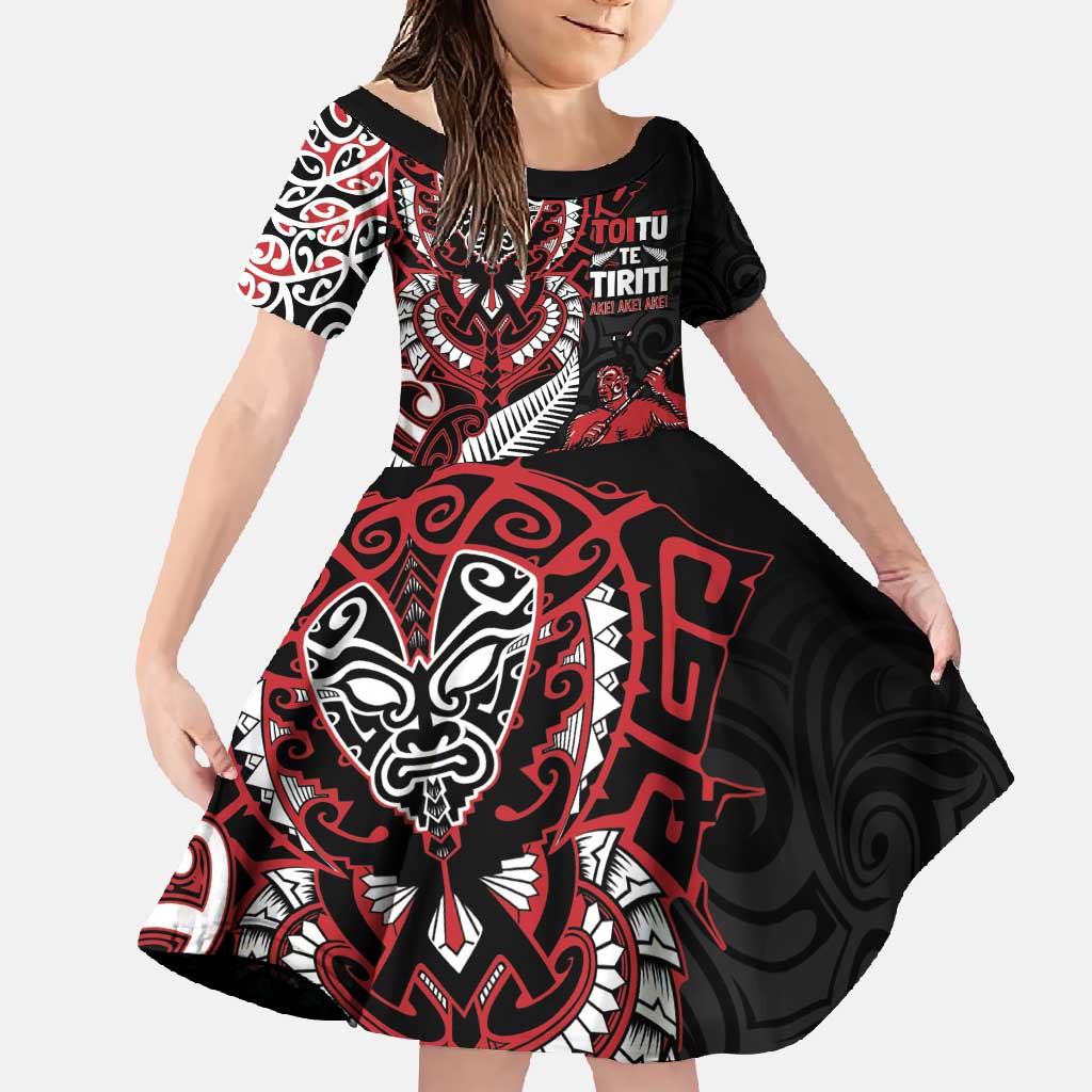 Aotearoa Toitu Te Tiriti Family Matching Tank Maxi Dress and Hawaiian Shirt Whakairo Wheku LT7 Daughter's Dress Black - Polynesian Pride