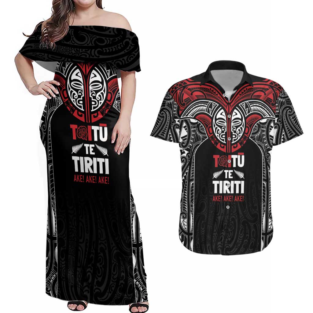 Aotearoa Maori Personalized Couples Matching Off Shoulder Maxi Dress and Hawaiian Shirt Toitu Te Tiriti Ake! Ake! Ake! LT7 Black - Polynesian Pride