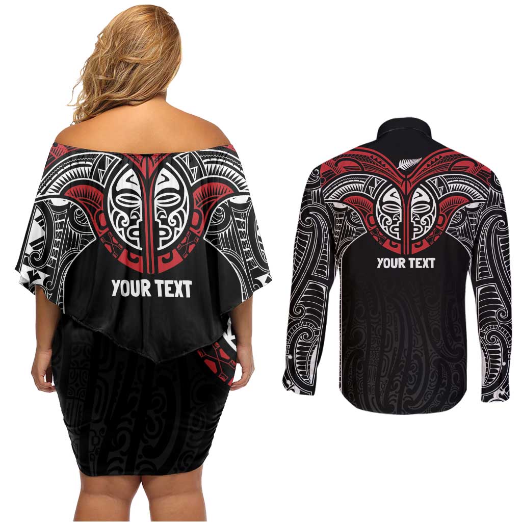 Aotearoa Maori Personalized Couples Matching Off Shoulder Short Dress and Long Sleeve Button Shirt Toitu Te Tiriti Ake! Ake! Ake!
