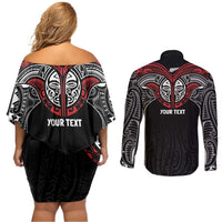 Aotearoa Maori Personalized Couples Matching Off Shoulder Short Dress and Long Sleeve Button Shirt Toitu Te Tiriti Ake! Ake! Ake!