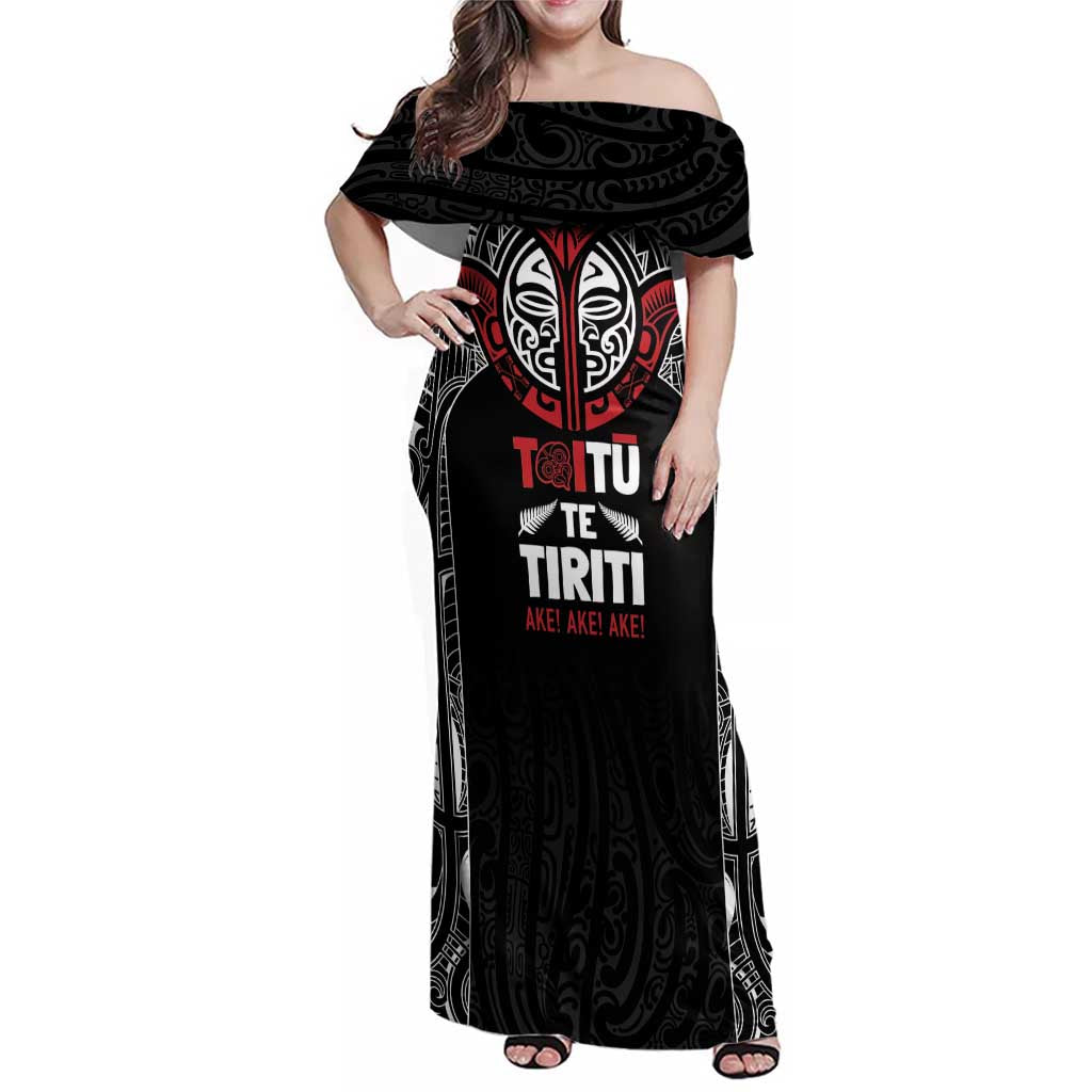 Aotearoa Maori Personalized Family Matching Off Shoulder Maxi Dress and Hawaiian Shirt Toitu Te Tiriti Ake! Ake! Ake! LT7 Mom's Dress Black - Polynesian Pride