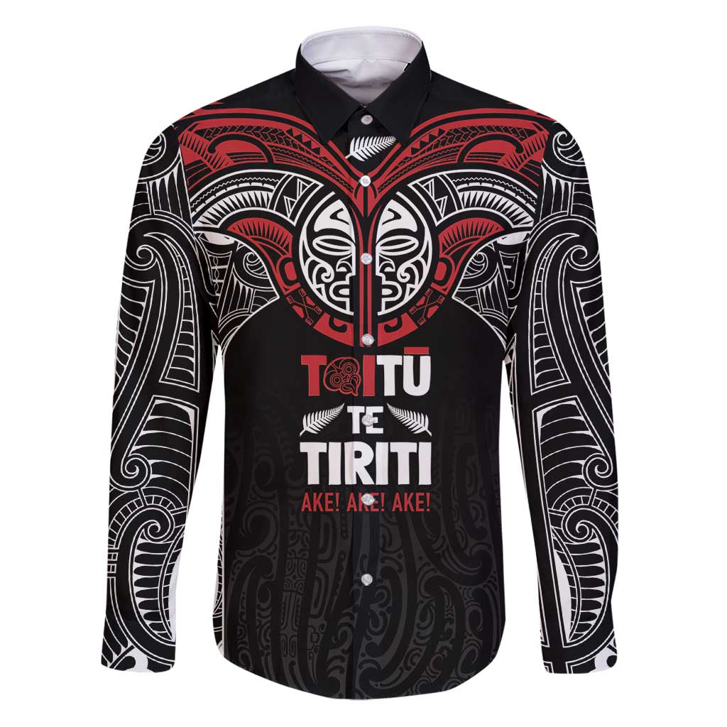 Aotearoa Maori Personalized Family Matching Puletasi and Hawaiian Shirt Toitu Te Tiriti Ake! Ake! Ake! LT7 Dad's Shirt - Long Sleeve Black - Polynesian Pride