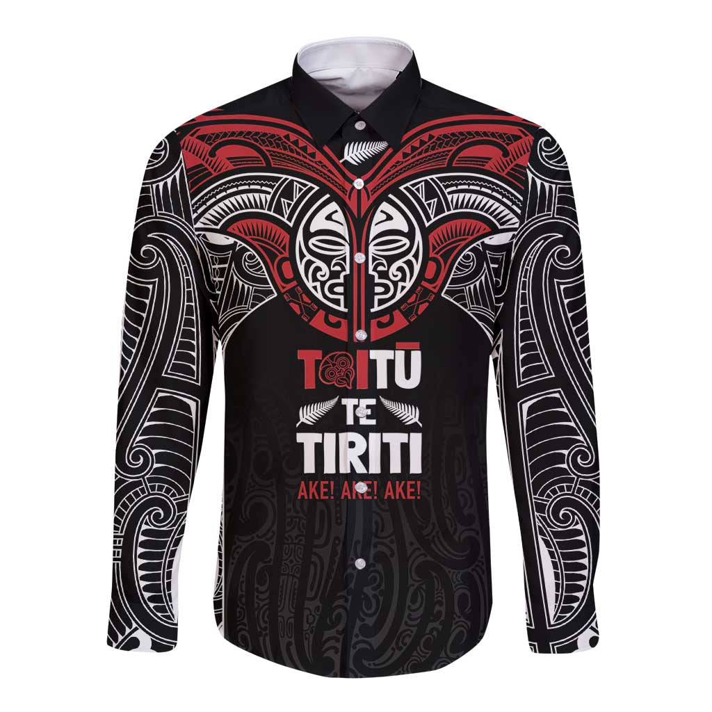 Aotearoa Maori Personalized Long Sleeve Button Shirt Toitu Te Tiriti Ake! Ake! Ake! LT7 Unisex Black - Polynesian Pride