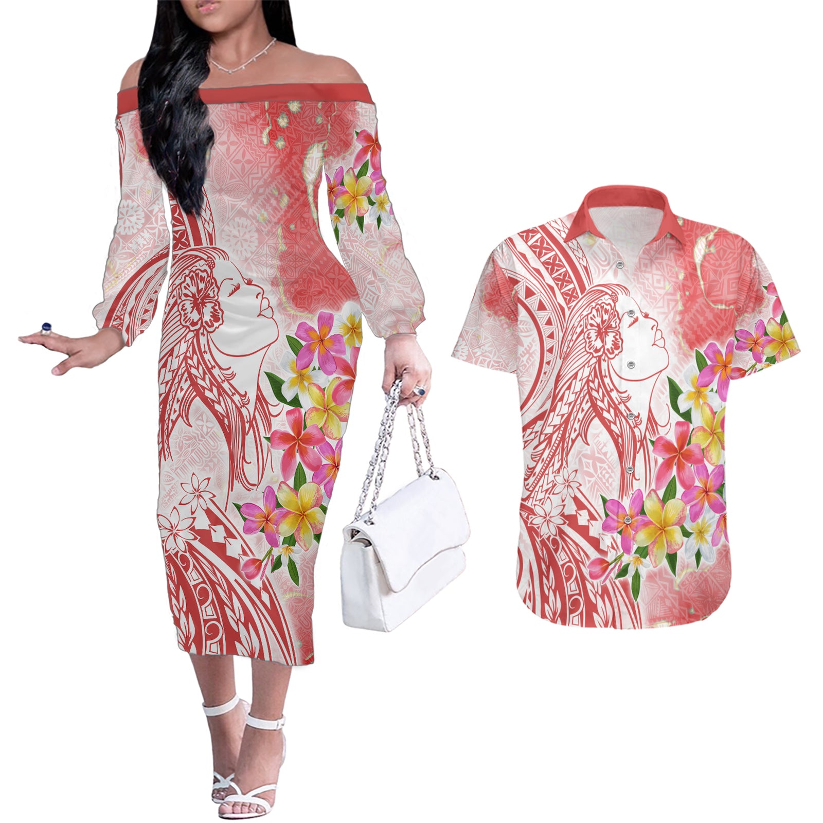 Polynesian Women's Day Wahine Couples Matching Off The Shoulder Long Sleeve Dress and Hawaiian Shirt Plumeria Marble Glaze - Pink LT7 Pink - Polynesian Pride