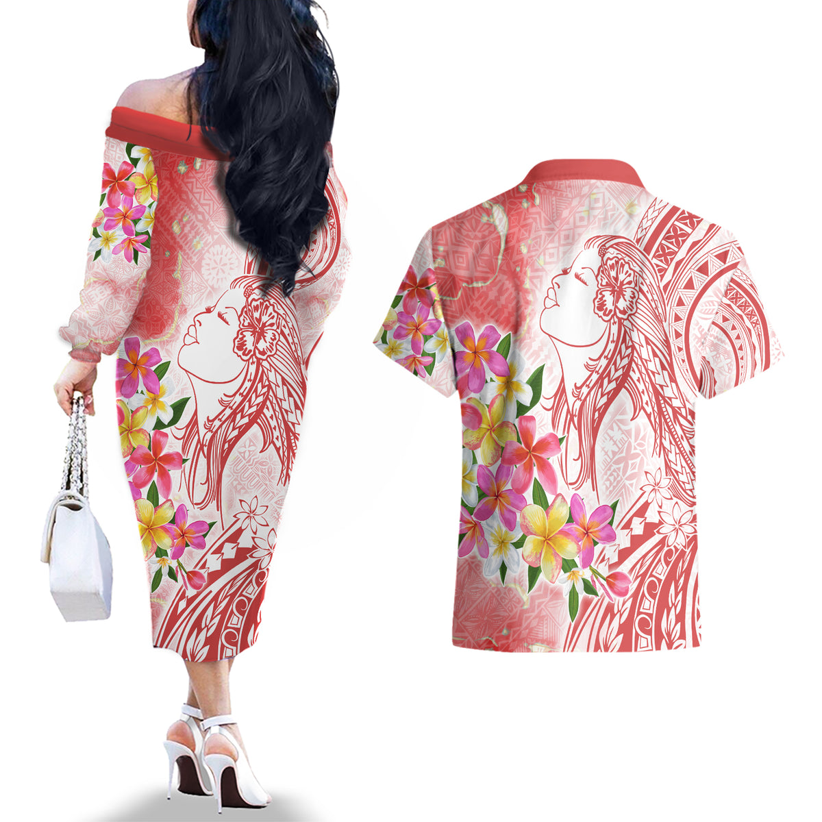 Polynesian Women's Day Wahine Couples Matching Off The Shoulder Long Sleeve Dress and Hawaiian Shirt Plumeria Marble Glaze - Pink LT7 - Polynesian Pride