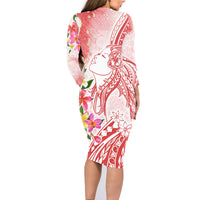 Polynesian Women's Day Wahine Family Matching Long Sleeve Bodycon Dress and Hawaiian Shirt Plumeria Marble Glaze - Pink LT7 - Polynesian Pride