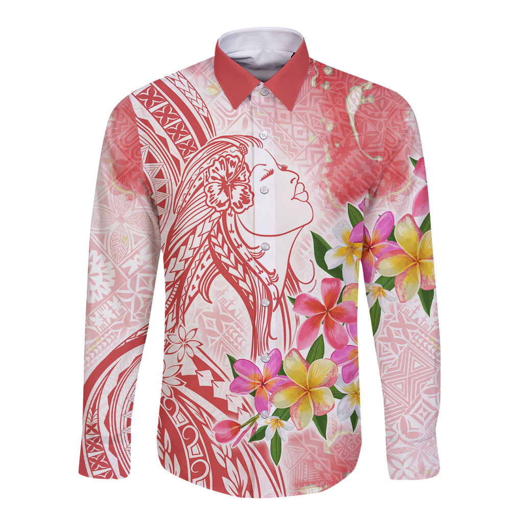 Polynesian Women's Day Wahine Long Sleeve Button Shirt Plumeria Marble Glaze - Pink LT7 Unisex Pink - Polynesian Pride