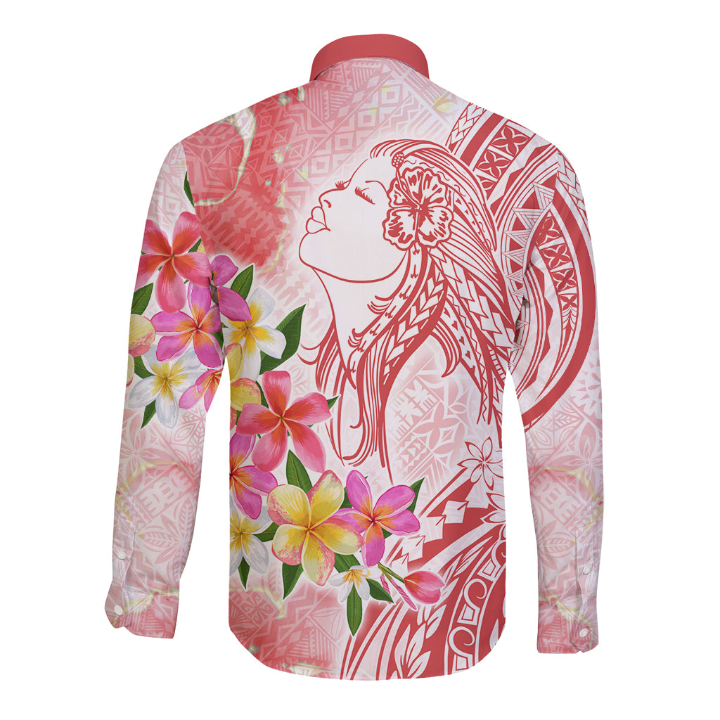 Polynesian Women's Day Wahine Long Sleeve Button Shirt Plumeria Marble Glaze - Pink LT7 - Polynesian Pride