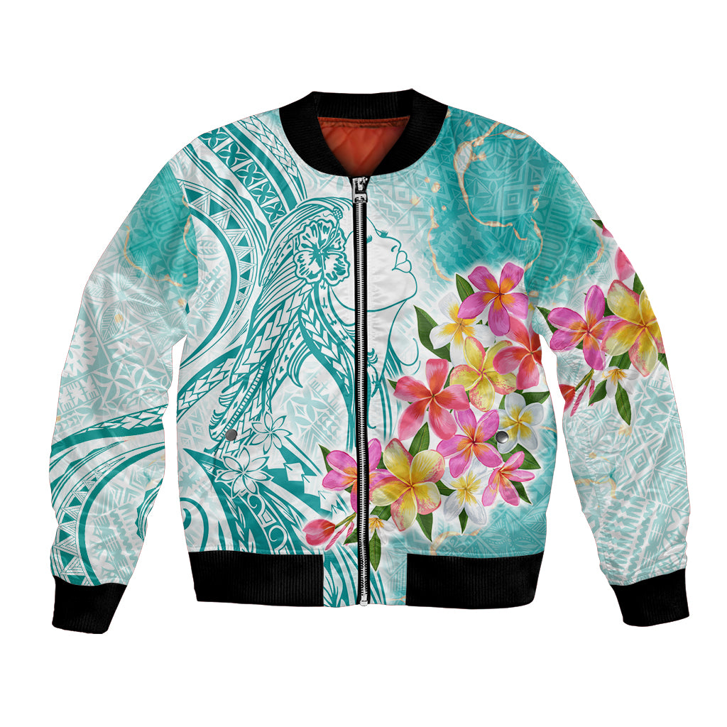 Polynesian Women's Day Wahine Bomber Jacket Plumeria Marble Glaze - Teal LT7 Unisex Teal - Polynesian Pride