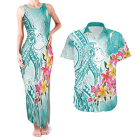 Polynesian Women's Day Wahine Couples Matching Tank Maxi Dress and Hawaiian Shirt Plumeria Marble Glaze - Teal LT7 Teal - Polynesian Pride