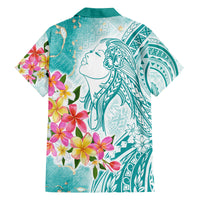 Polynesian Women's Day Wahine Family Matching Long Sleeve Bodycon Dress and Hawaiian Shirt Plumeria Marble Glaze - Teal LT7 - Polynesian Pride