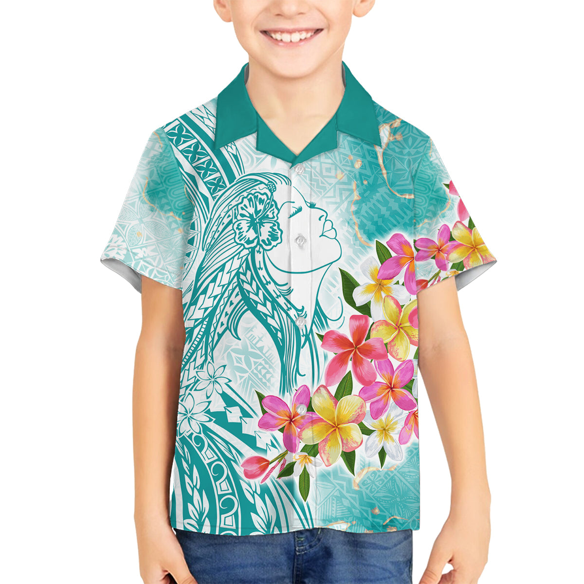 Polynesian Women's Day Wahine Family Matching Off Shoulder Maxi Dress and Hawaiian Shirt Plumeria Marble Glaze - Teal LT7 Son's Shirt Teal - Polynesian Pride