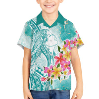 Polynesian Women's Day Wahine Family Matching Summer Maxi Dress and Hawaiian Shirt Plumeria Marble Glaze - Teal LT7 Son's Shirt Teal - Polynesian Pride