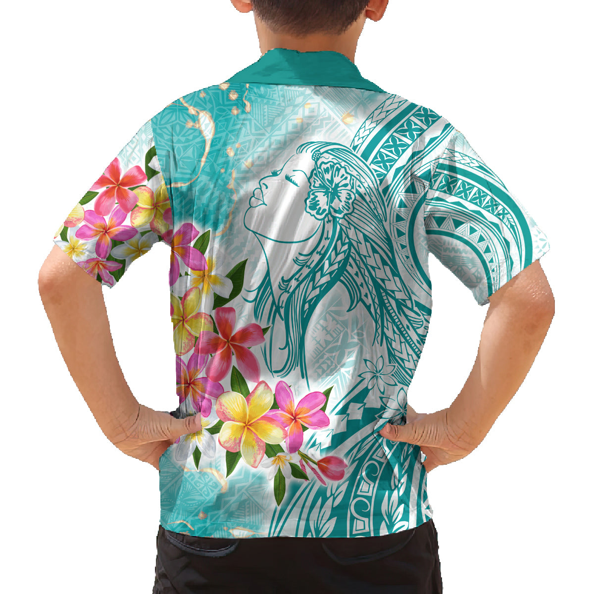 Polynesian Women's Day Wahine Family Matching Tank Maxi Dress and Hawaiian Shirt Plumeria Marble Glaze - Teal LT7 - Polynesian Pride