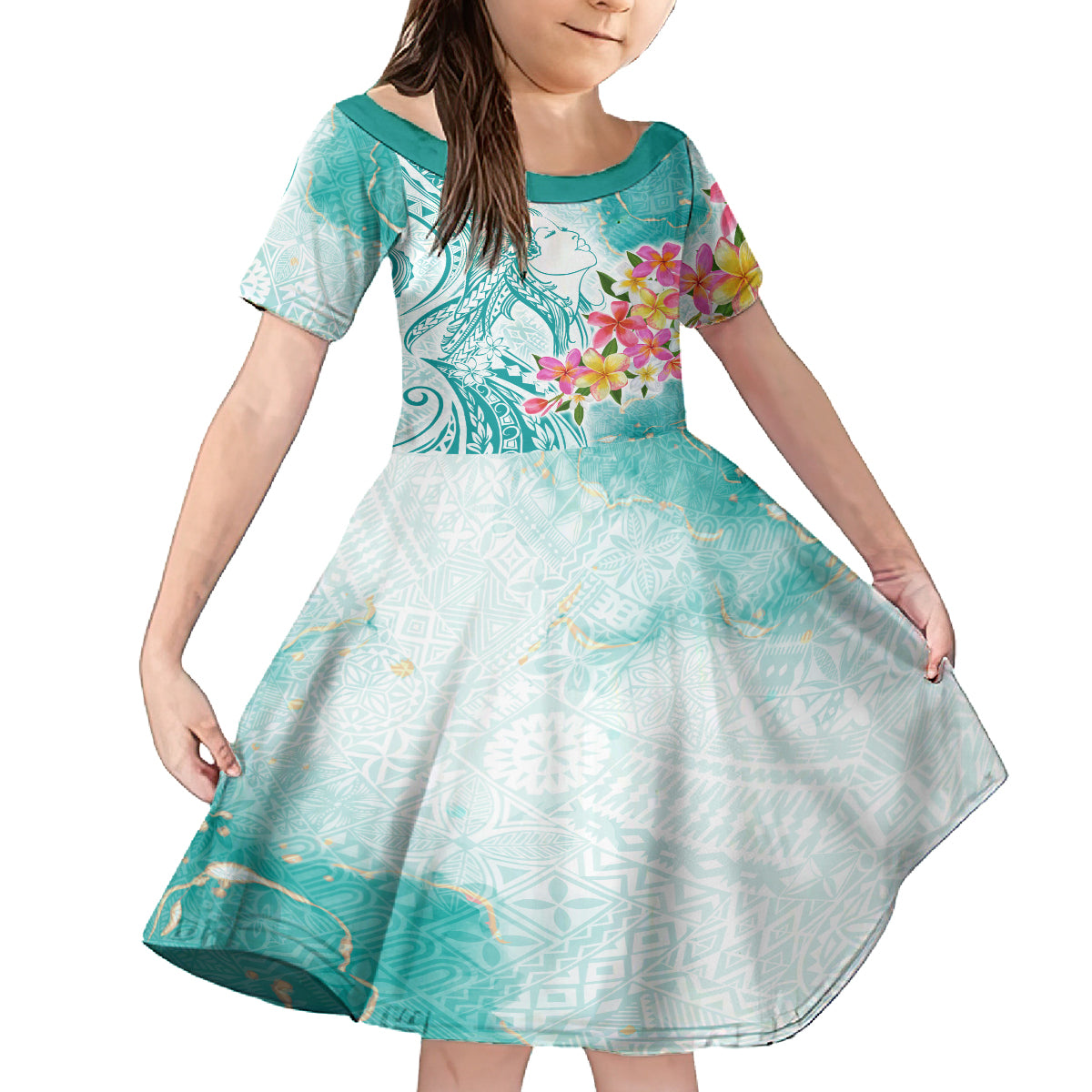 Polynesian Women's Day Wahine Kid Short Sleeve Dress Plumeria Marble Glaze - Teal LT7 KID Teal - Polynesian Pride