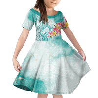 Polynesian Women's Day Wahine Kid Short Sleeve Dress Plumeria Marble Glaze - Teal LT7 KID Teal - Polynesian Pride