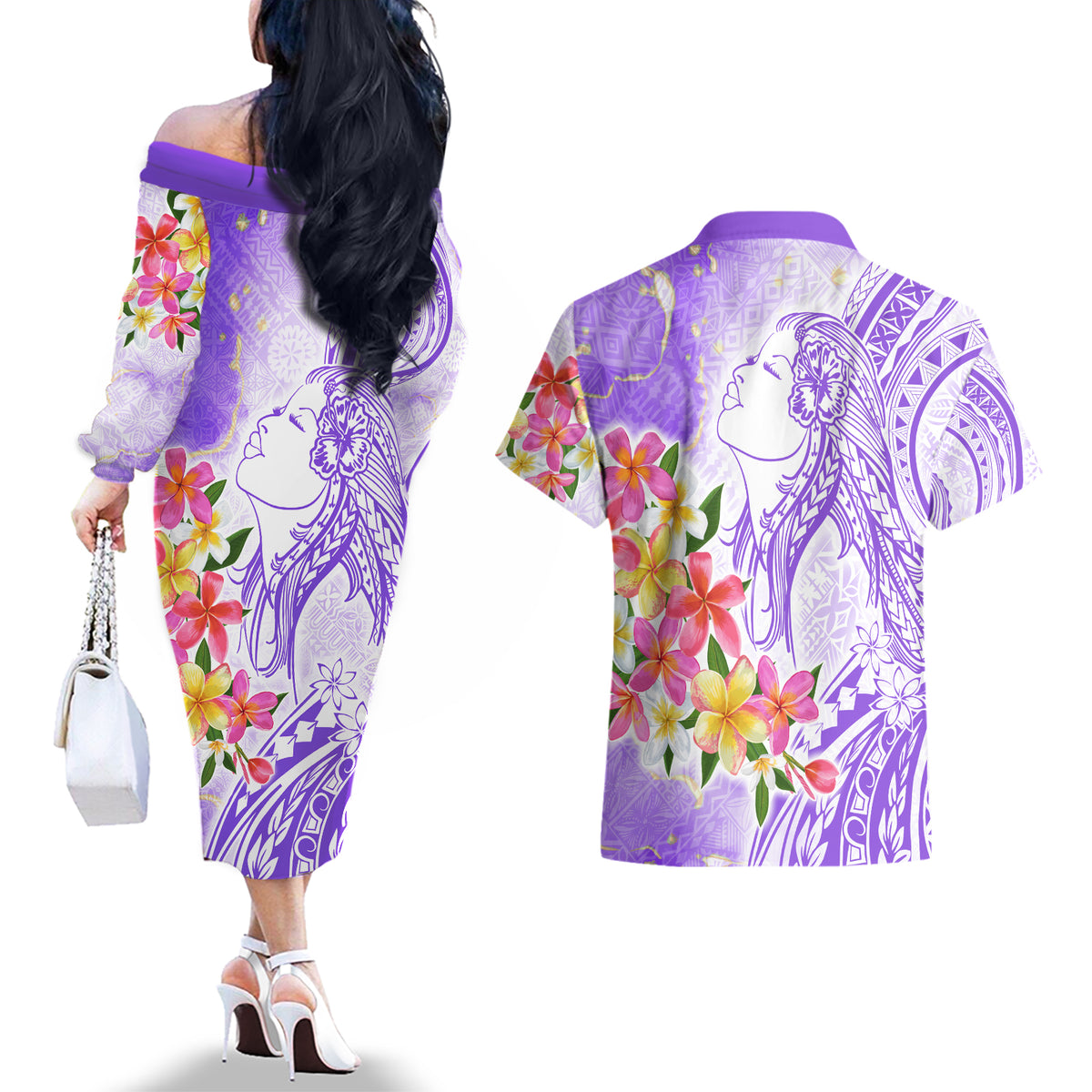 Polynesian Women's Day Wahine Couples Matching Off The Shoulder Long Sleeve Dress and Hawaiian Shirt Plumeria Marble Glaze - Purple LT7 - Polynesian Pride