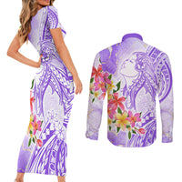 Polynesian Women's Day Wahine Couples Matching Short Sleeve Bodycon Dress and Long Sleeve Button Shirt Plumeria Marble Glaze - Purple LT7 - Polynesian Pride