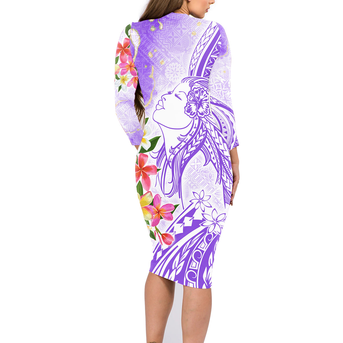 Polynesian Women's Day Wahine Family Matching Long Sleeve Bodycon Dress and Hawaiian Shirt Plumeria Marble Glaze - Purple LT7 - Polynesian Pride