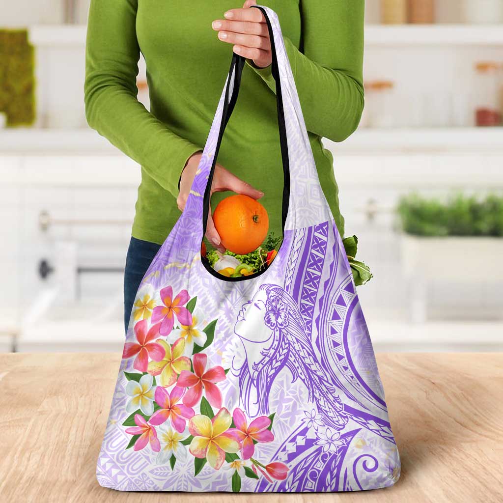 Polynesian Women's Day Wahine Grocery Bag Plumeria Marble Glaze - Purple