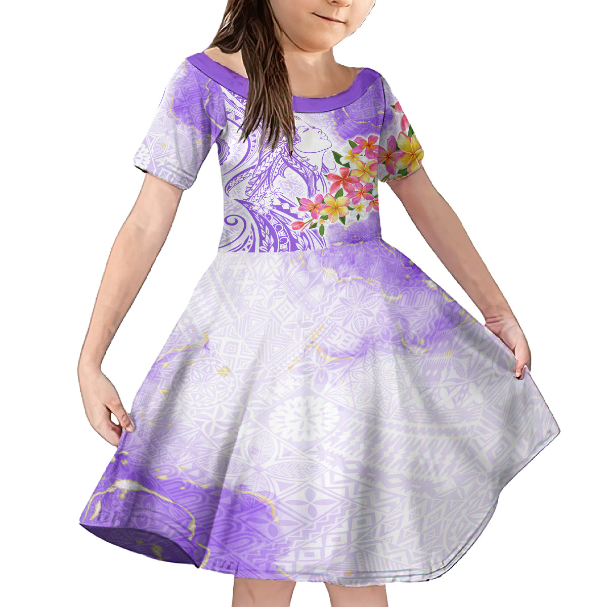 Polynesian Women's Day Wahine Kid Short Sleeve Dress Plumeria Marble Glaze - Purple LT7 KID Purple - Polynesian Pride