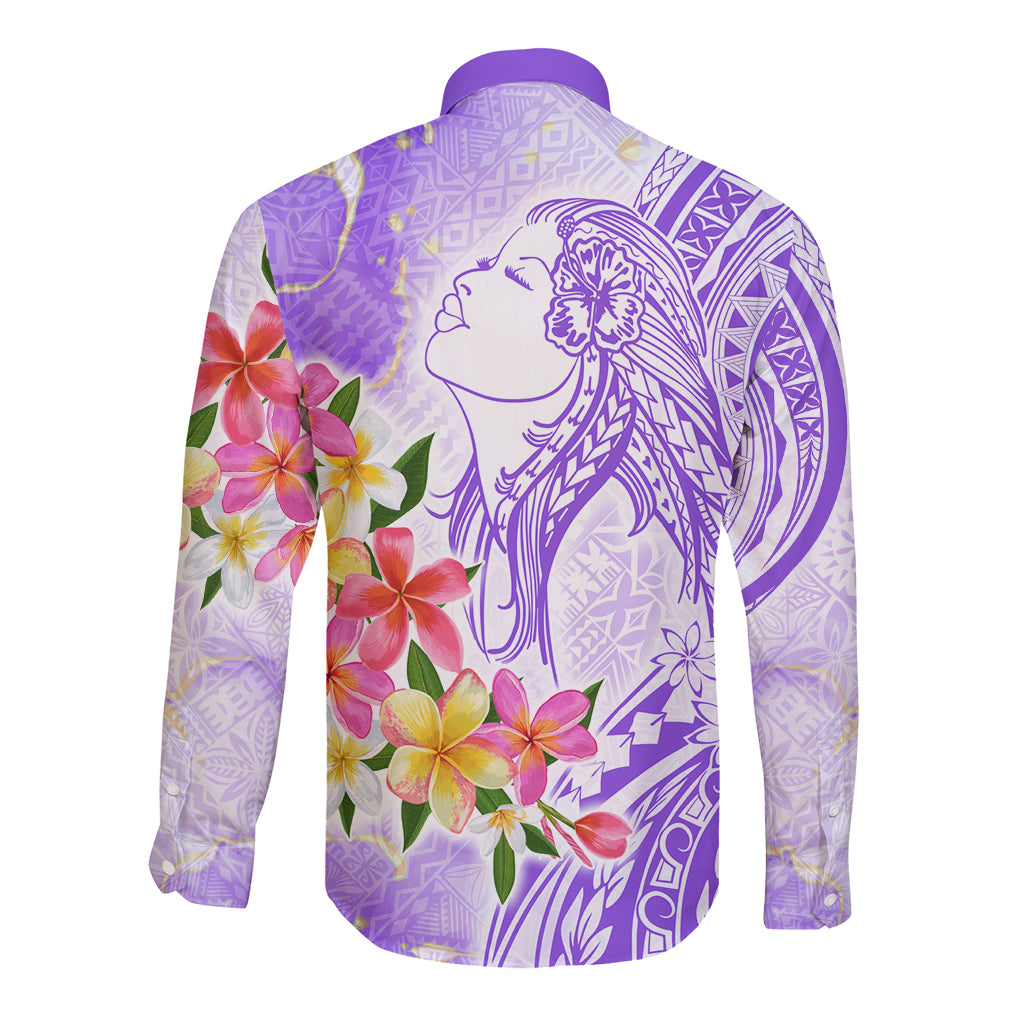 Polynesian Women's Day Wahine Long Sleeve Button Shirt Plumeria Marble Glaze - Purple LT7 - Polynesian Pride