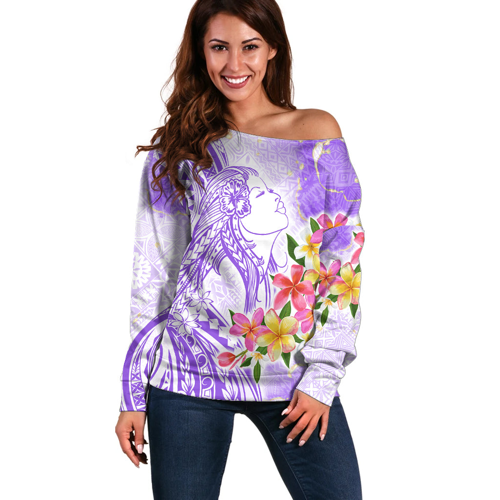 Polynesian Women's Day Wahine Off Shoulder Sweater Plumeria Marble Glaze - Purple LT7 Women Purple - Polynesian Pride