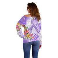Polynesian Women's Day Wahine Off Shoulder Sweater Plumeria Marble Glaze - Purple LT7 - Polynesian Pride