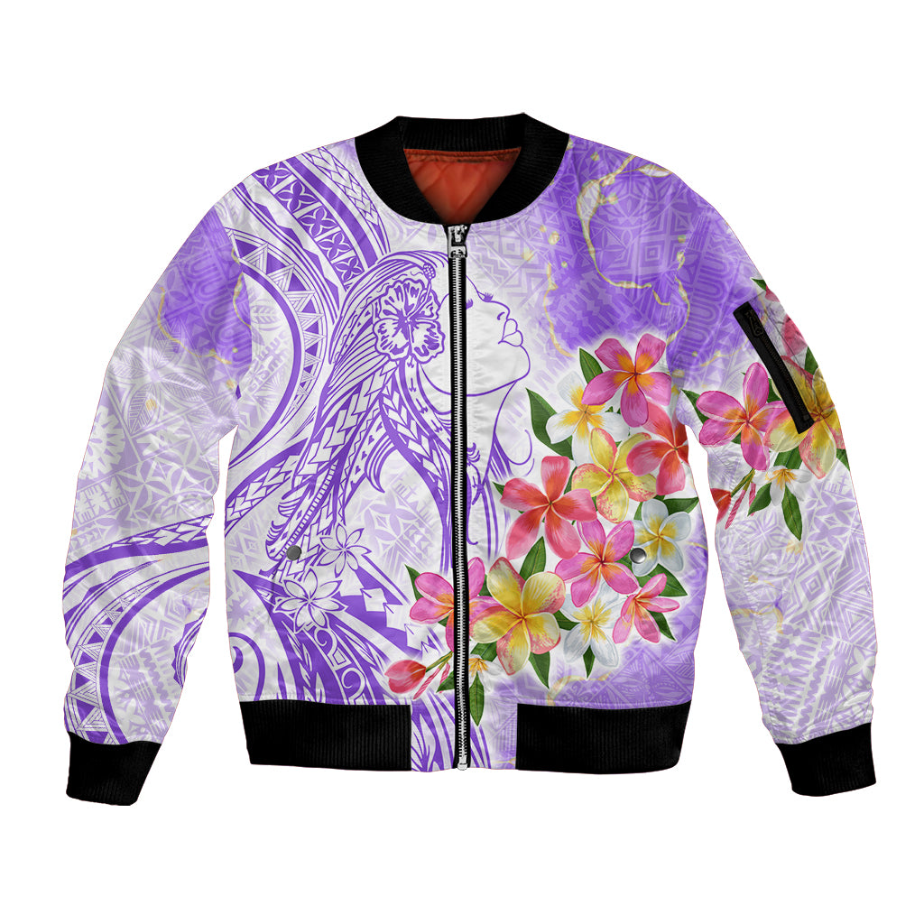 Polynesian Women's Day Wahine Sleeve Zip Bomber Jacket Plumeria Marble Glaze - Purple LT7 Unisex Purple - Polynesian Pride