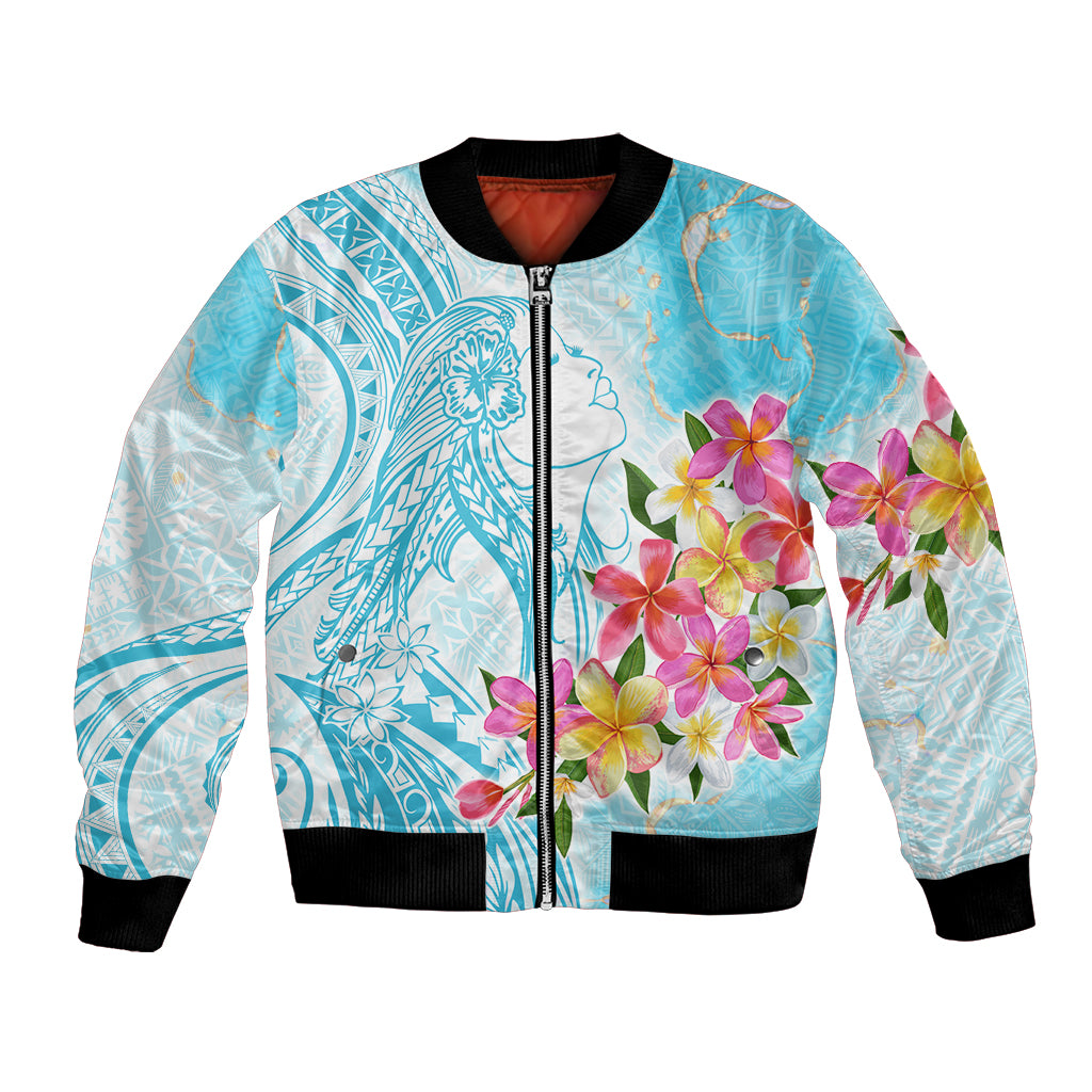 Polynesian Women's Day Wahine Bomber Jacket Plumeria Marble Glaze - Turquoise LT7 Unisex Turquoise - Polynesian Pride