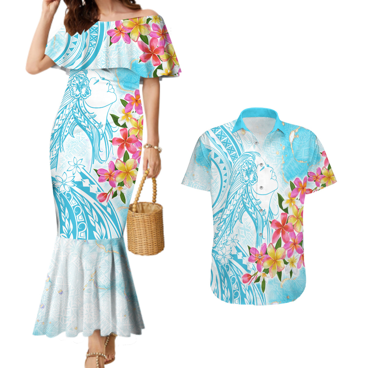Polynesian Women's Day Wahine Couples Matching Mermaid Dress and Hawaiian Shirt Plumeria Marble Glaze - Turquoise LT7 Turquoise - Polynesian Pride