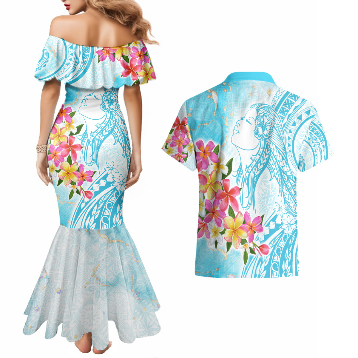 Polynesian Women's Day Wahine Couples Matching Mermaid Dress and Hawaiian Shirt Plumeria Marble Glaze - Turquoise LT7 - Polynesian Pride