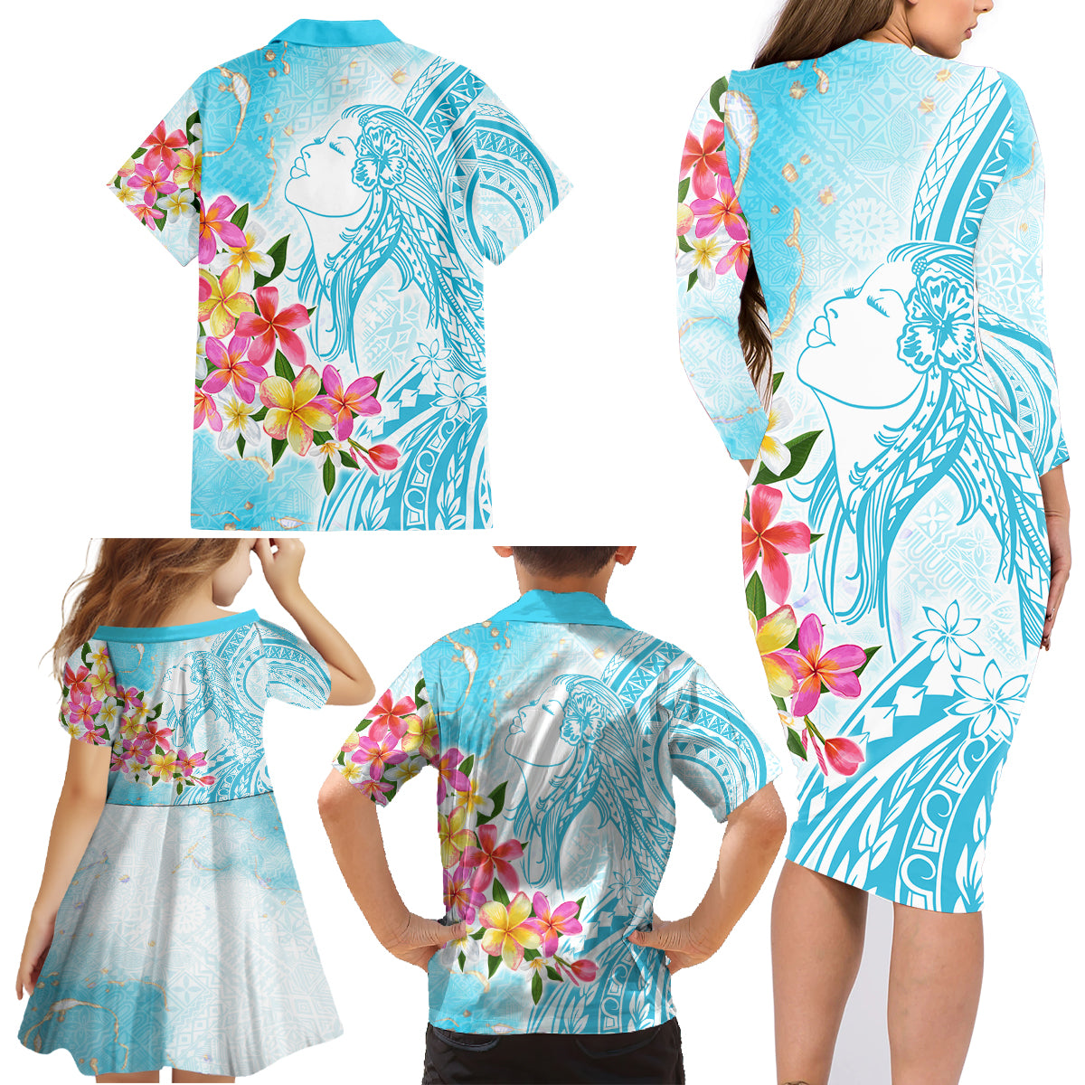 Polynesian Women's Day Wahine Family Matching Long Sleeve Bodycon Dress and Hawaiian Shirt Plumeria Marble Glaze - Turquoise LT7 - Polynesian Pride