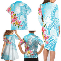 Polynesian Women's Day Wahine Family Matching Long Sleeve Bodycon Dress and Hawaiian Shirt Plumeria Marble Glaze - Turquoise LT7 - Polynesian Pride