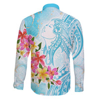 Polynesian Women's Day Wahine Family Matching Off Shoulder Long Sleeve Dress and Hawaiian Shirt Plumeria Marble Glaze - Turquoise LT7 - Polynesian Pride