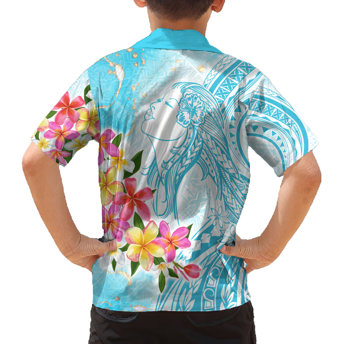 Polynesian Women's Day Wahine Family Matching Off Shoulder Maxi Dress and Hawaiian Shirt Plumeria Marble Glaze - Turquoise LT7 - Polynesian Pride