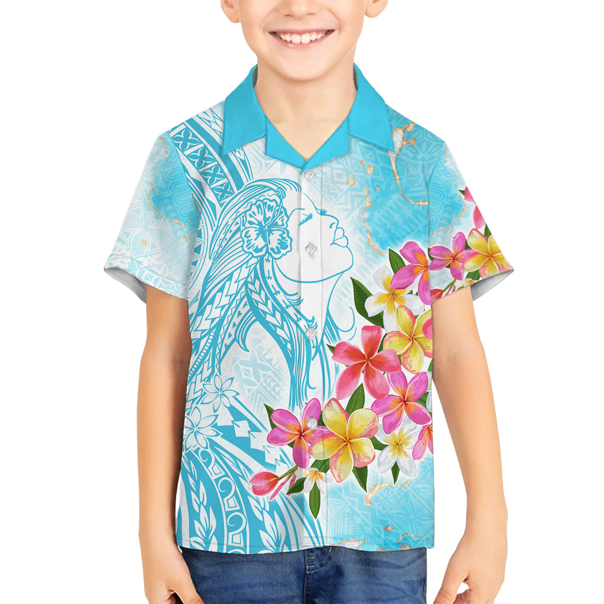 Polynesian Women's Day Wahine Family Matching Off Shoulder Maxi Dress and Hawaiian Shirt Plumeria Marble Glaze - Turquoise LT7 Son's Shirt Turquoise - Polynesian Pride