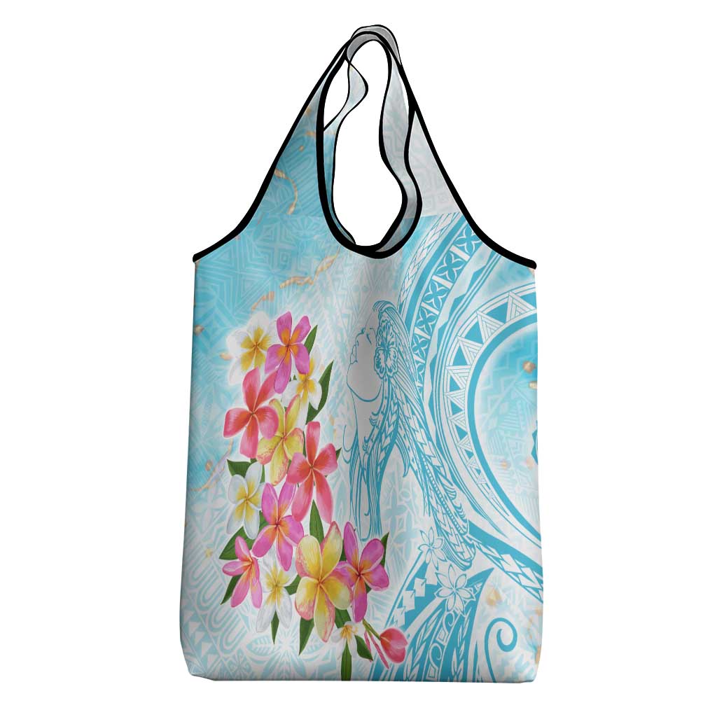 Polynesian Women's Day Wahine Grocery Bag Plumeria Marble Glaze - Turquoise