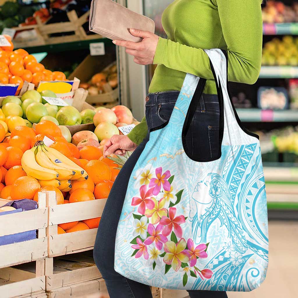 Polynesian Women's Day Wahine Grocery Bag Plumeria Marble Glaze - Turquoise