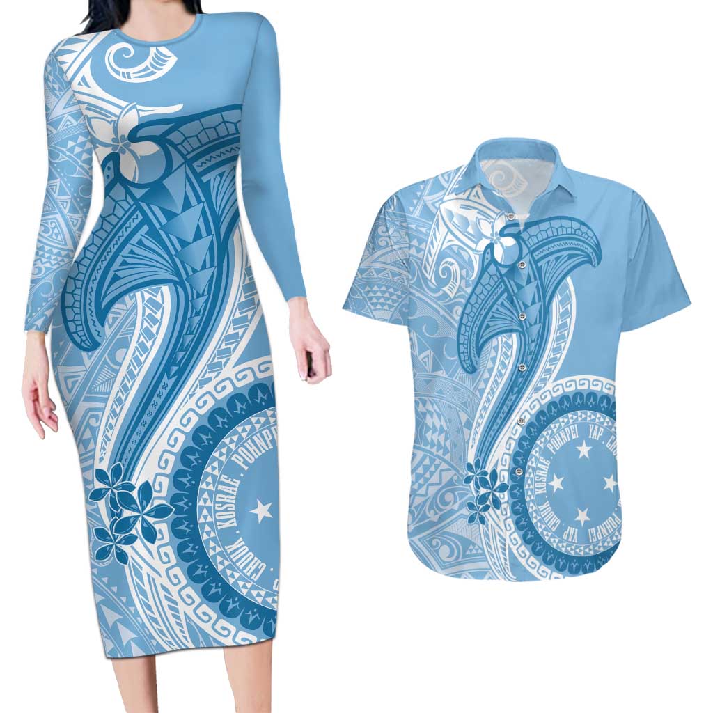 Micronesia FSM Couples Matching Long Sleeve Bodycon Dress and Hawaiian Shirt Shark and Manta Classic Style LT7 Turquoise - Polynesian Pride