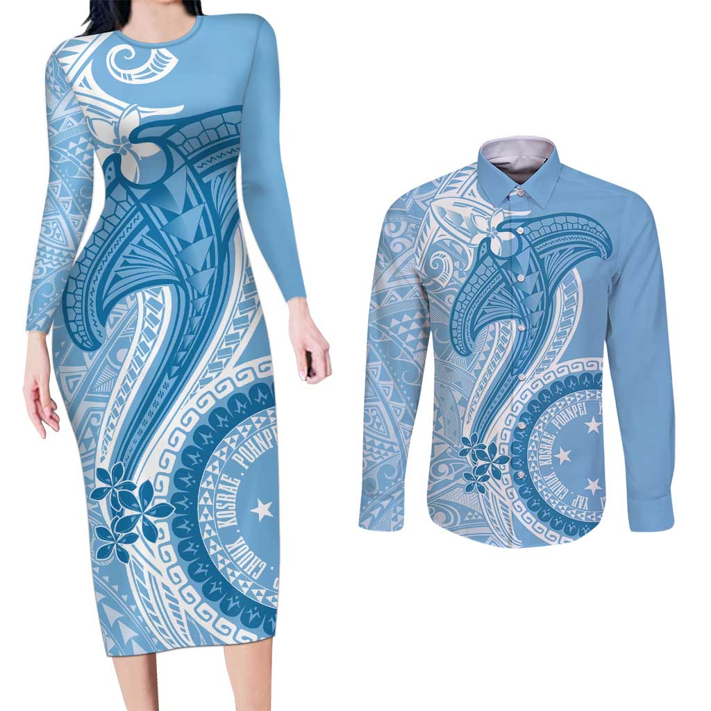 Micronesia FSM Couples Matching Long Sleeve Bodycon Dress and Long Sleeve Button Shirt Shark and Manta Classic Style LT7 Turquoise - Polynesian Pride